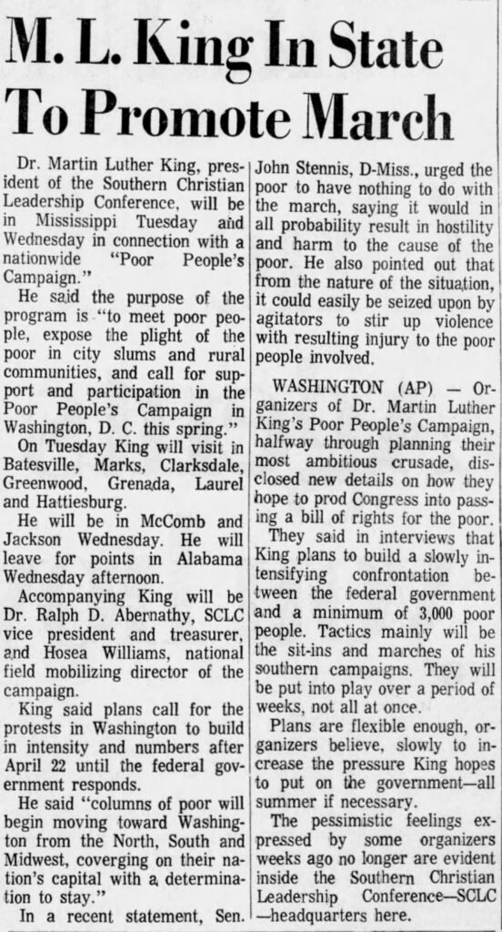 Newspaper clipping of an article of M.L. King in Mississippi to Promote march.
