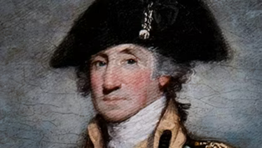 George Washington in a dark coat and large black hat with a white cravat.