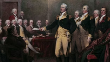 A formal gathering of men in 18th-century attire, with one person presenting a document.