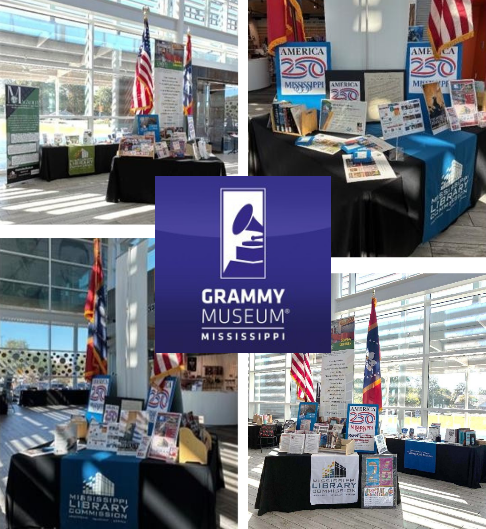 Grammy Museum Collage Collage of MLC America 250 tables with the Grammy Museum Mississippi logo.
