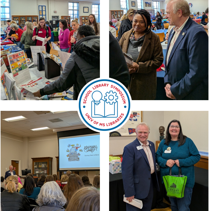 UM-Library-Symposium-03-thru-06-Collage A collage shows scenes from a school library symposium, including attendees browsing tables, speaking with presenters, and sitting in a lecture session. The center features the event logo with illustrations of a book and gears.